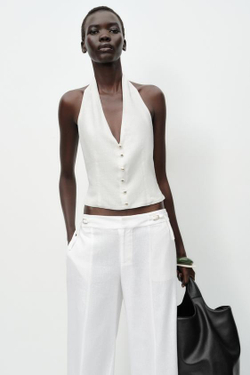 ZARA ШИРОКИЕ БРЮКИ С ПРЯЖКАМИ ИЗ ЛЬНА, БЕЛЫЙ