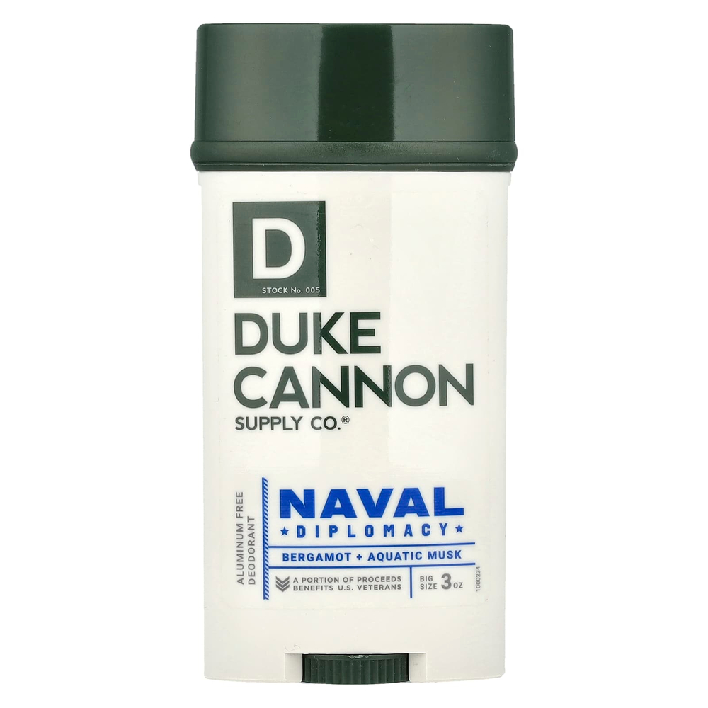 Duke Cannon Supply Co., Дезодорант без алюминия, Naval Diplomacy, бергамот и водный мускус, 85 г (3 унции)