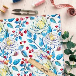 Ткань шелк Армани голубые цветки с белым соцветием