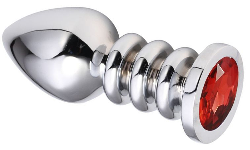 Серебристая анальная пробка на рельефной ножке с красным кристаллом - 9 см. (Цвет: красный)