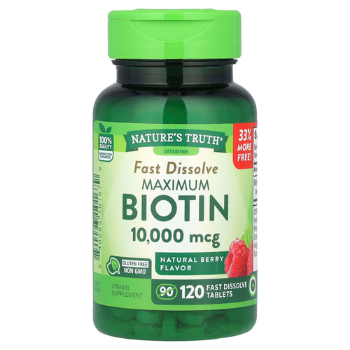 Nature's Truth, Maximum Biotin, натуральные ягоды, 10 000 мкг, 120 быстрорастворимых таблеток