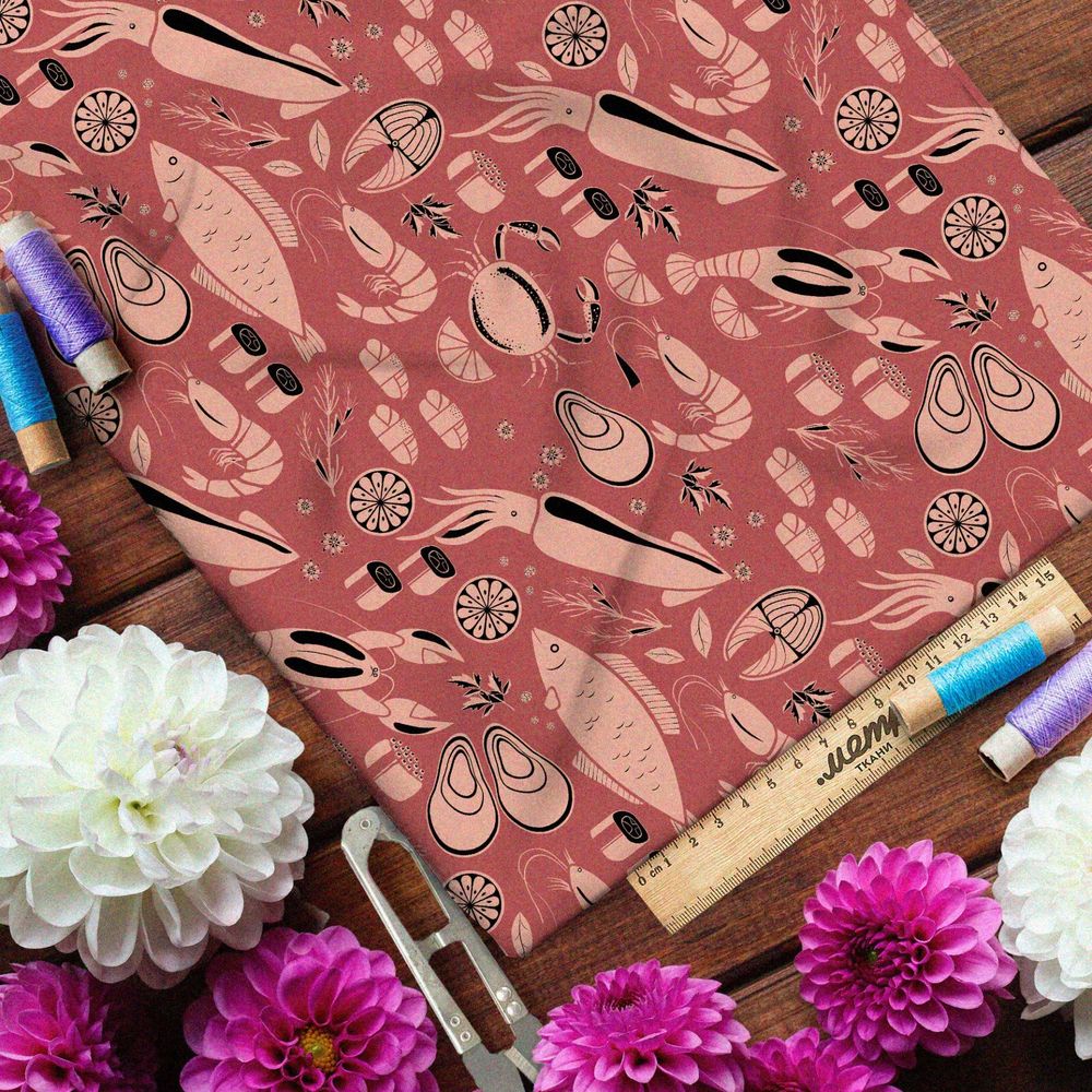 Ткань блэкаут коралловые морепродукты на красном фоне