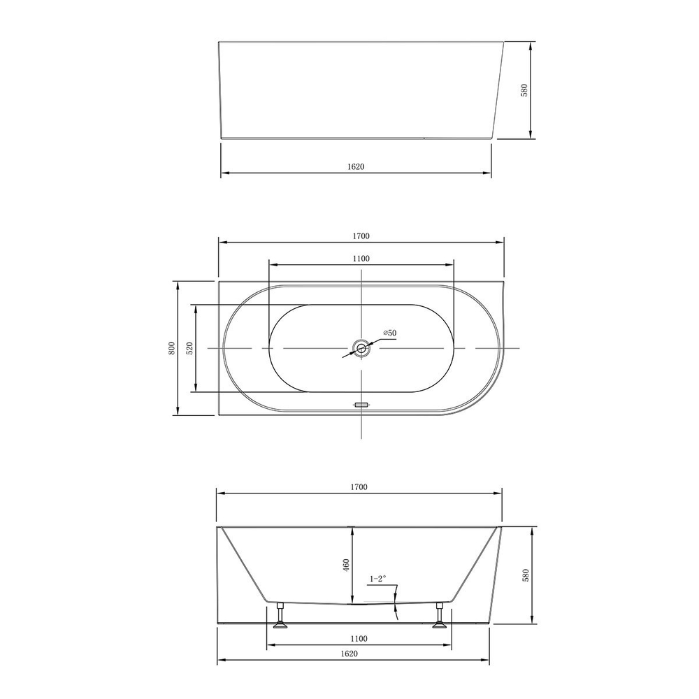 Ванна акриловая Vincea VBT-402-1700L, 1700*800*580, цвет белый, левая, слив-перелив в комплекте, хром