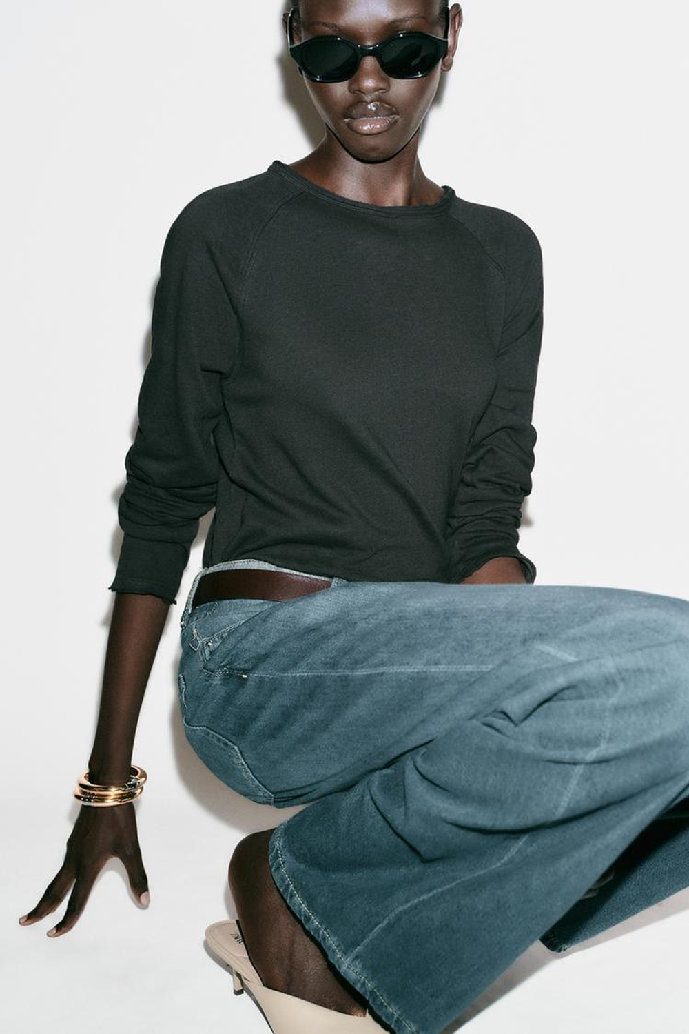 ZARA ФУТБОЛКА С ДЛИННЫМИ РУКАВАМИ, ЧЕРНЫЙ