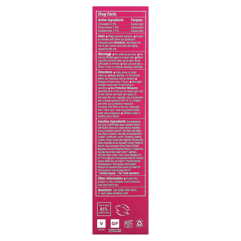 Andalou Naturals, 1000 Roses, лосьон для лица, дневной тон, SPF 18, для чувствительной кожи, 80 мл (2,7 жидк. унции)