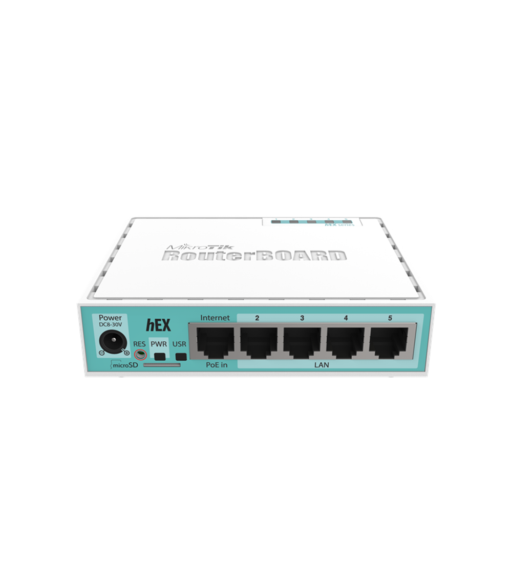 Маршрутизатор MikroTik hEX with Dual Core 880MHz MHz CPU, 256MB RAM, 5 Gigabit LAN ports, USB, RouterOS L4, plastic case, PSU