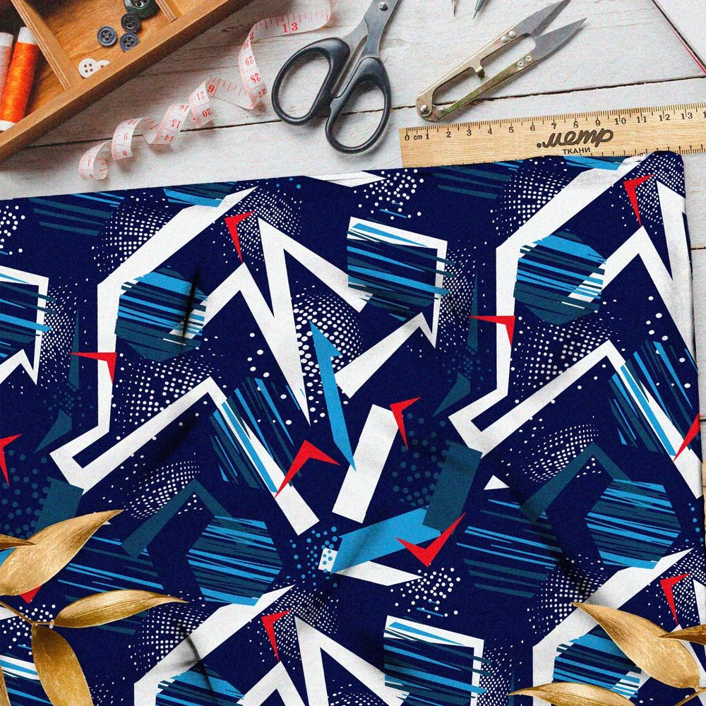 Ткань оксфорд 210 зимняя графика на тёмно-синем фоне