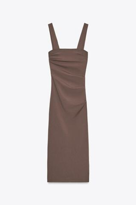 ZARA ПЛИССИРОВАННОЕ ПЛАТЬЕ МИДИ, КОРИЧНЕВЫЙ