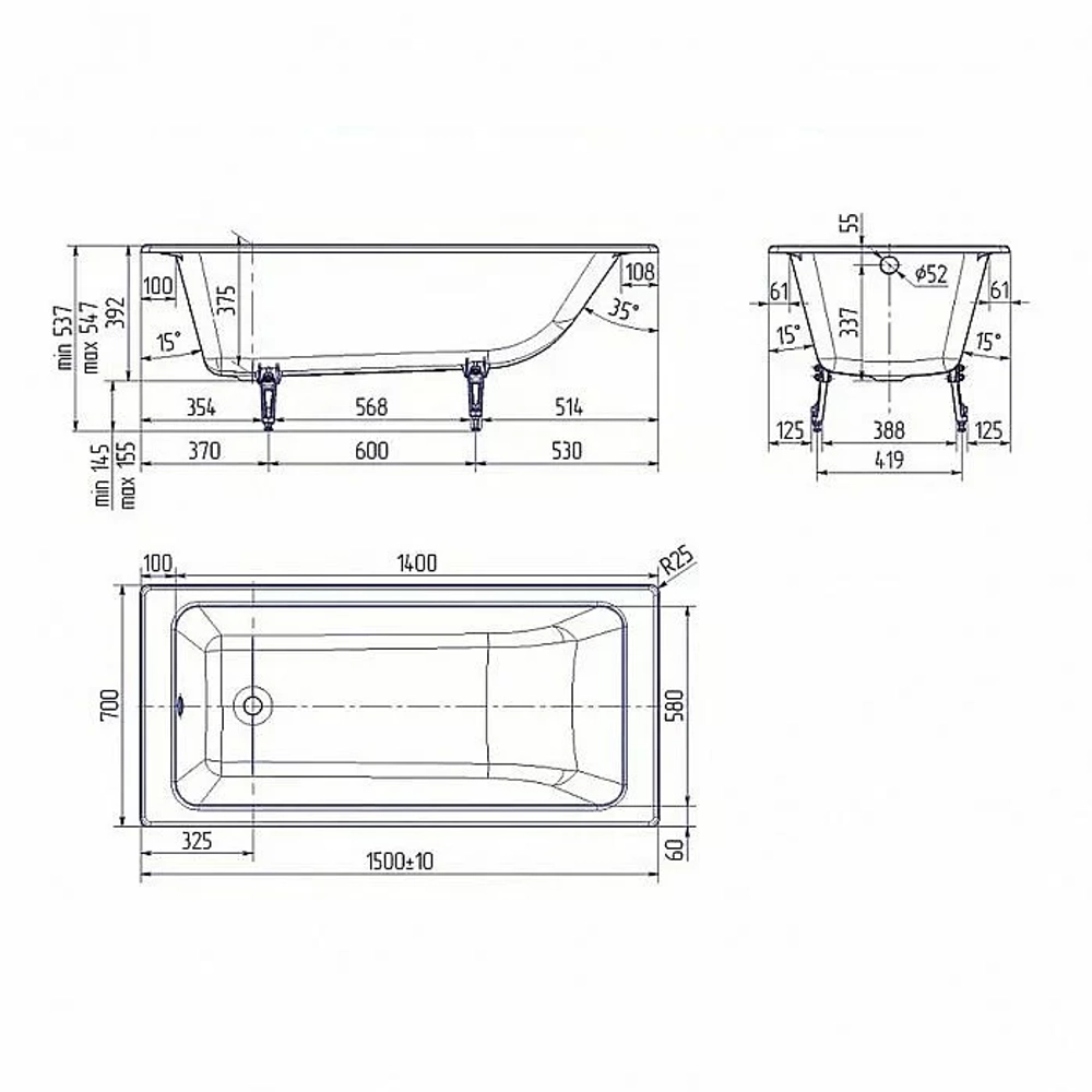 Ванна чугунная Delice PARALLEL Comfort DLR220503R-AS 150x70 белая с ручками