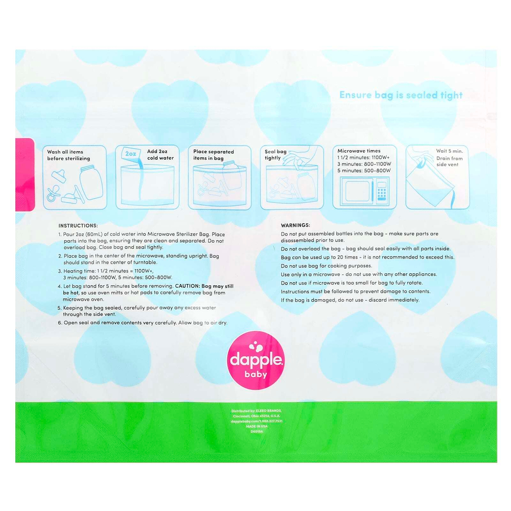 Dapple Baby, Пакеты для стерилизации в микроволновой печи, для частей молокоотсоса, бутылочки и пустышки, 8 пакетов для стерилизации