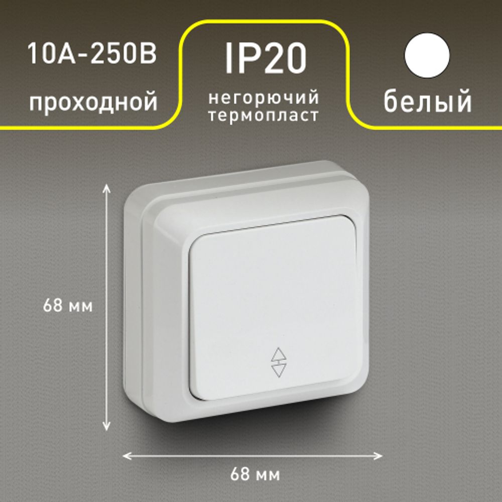 Переключатель Intro Quadro 2-103-01 одноклавишный 10А-250В, IP20, ОУ, белый