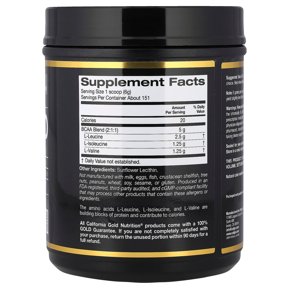 California Gold Nutrition, быстрорастворимый порошок BCAA с L-лейцином, L-изолейцином и L-валином, без ароматизаторов, 907 г (2 фунта)
