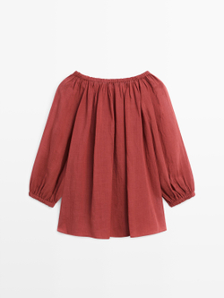 Massimo Dutti Блуза с широким воротником и драпировкой, красновато-коричневый