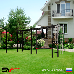 Уличная шведская стенка Sv Sport рукоход х 2 с комплектом турник прямой У52433 (Турник/Брусья/Гнездо 80см/Кронш бокс/Канат/кольца/лестница)