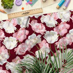 Ткань лён живые цветы на бордовом фоне