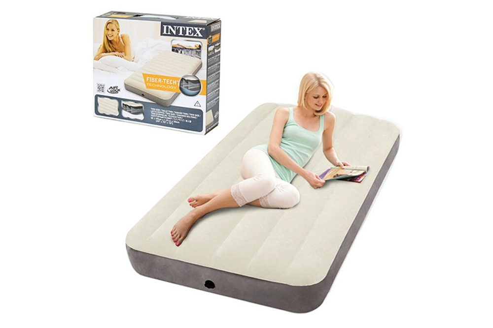 Мaтрас нaдувной Intex 64101 Deluxe Twin 99х191х25 см / Крoвать нaдувная Интeкс односпальная велюровая для дома и туризма
