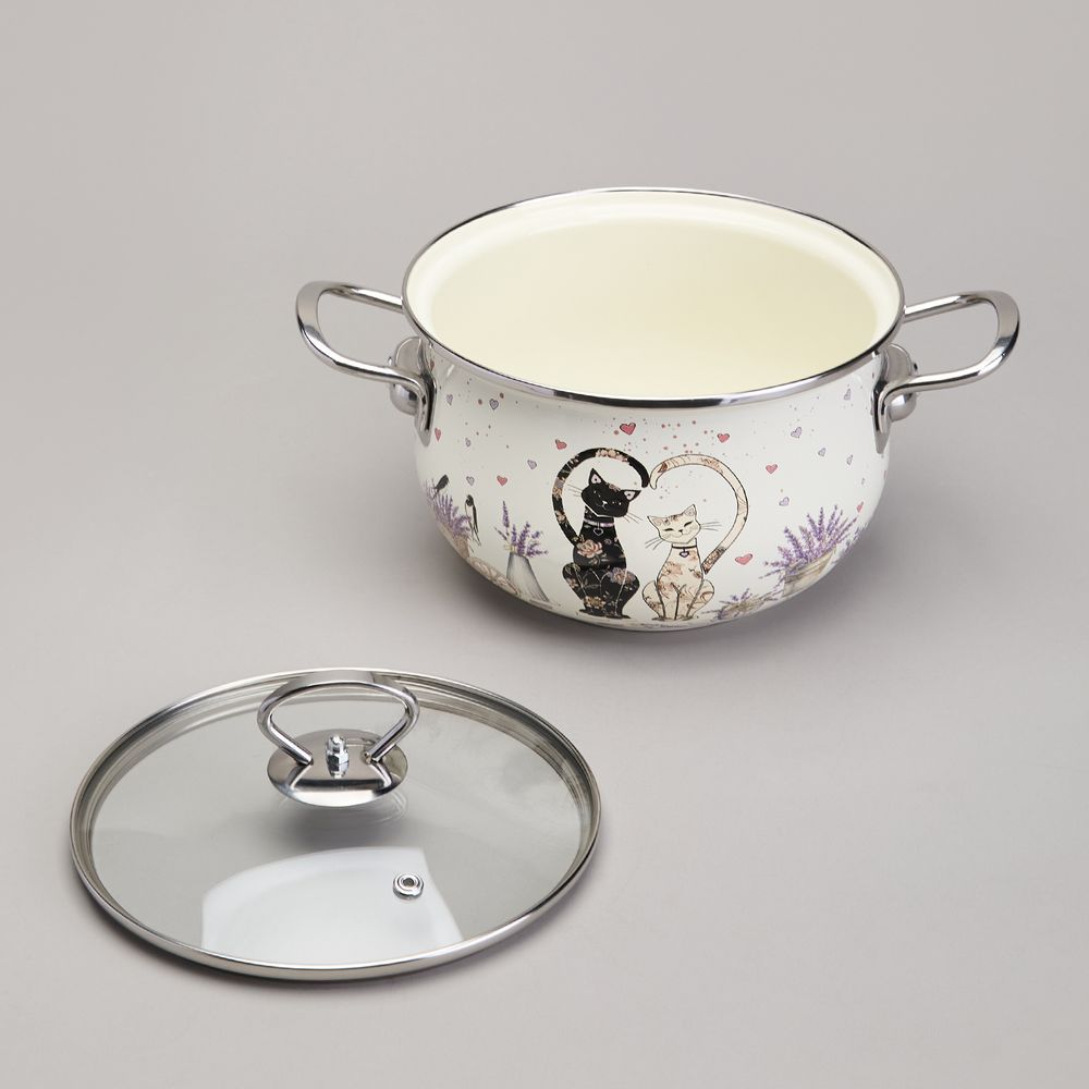 КАСТРЮЛЯ AGNESS ЭМАЛИРОВАННАЯ СО СТЕКЛЯННОЙ КРЫШКОЙ СЕРИЯ "LAVENDER CATS", 2,8 Л ДИА. 20СМ