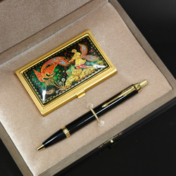 Набор подарочный "Иван и Жар-птица" №051 визитница персональная с ручной росписью и ручка Parker