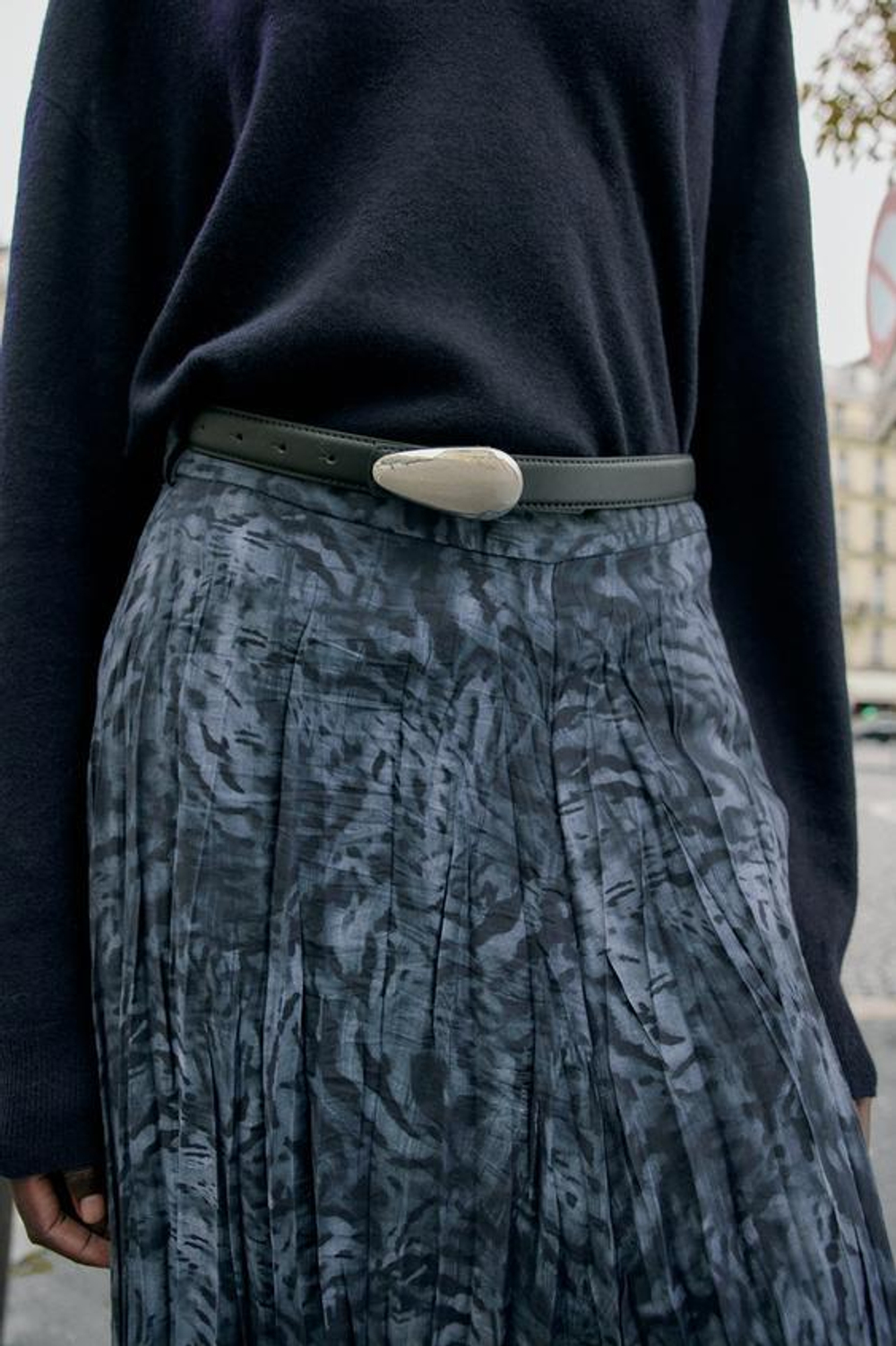 ZARA ЮБКА МИДИ С ПРИНТОМ И РЕМНЕМ, СИНИЙ/ЧЕРНЫЙ