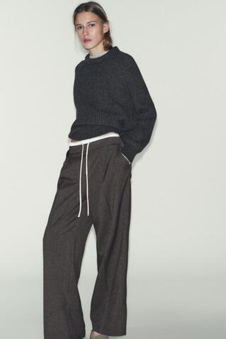 ZARA ШИРОКИЕ БРЮКИ С ДВОЙНЫМ ПОЯСОМ «ГУСИНАЯ ЛАПКА», ТЕМНО-КОРИЧНЕВЫЙ