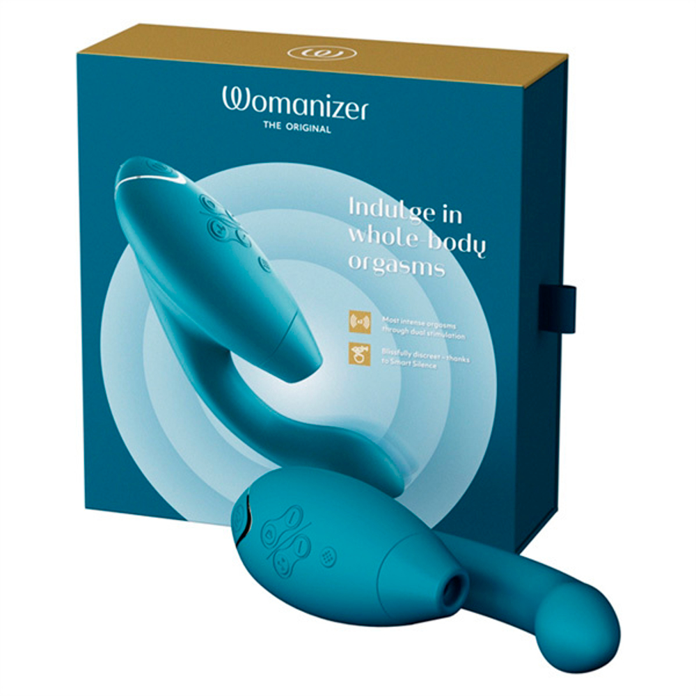 Бирюзовый вибратор 20,3см с вакуумным стимулятором Womanizer Duo 2 Petrol WZ142SG8