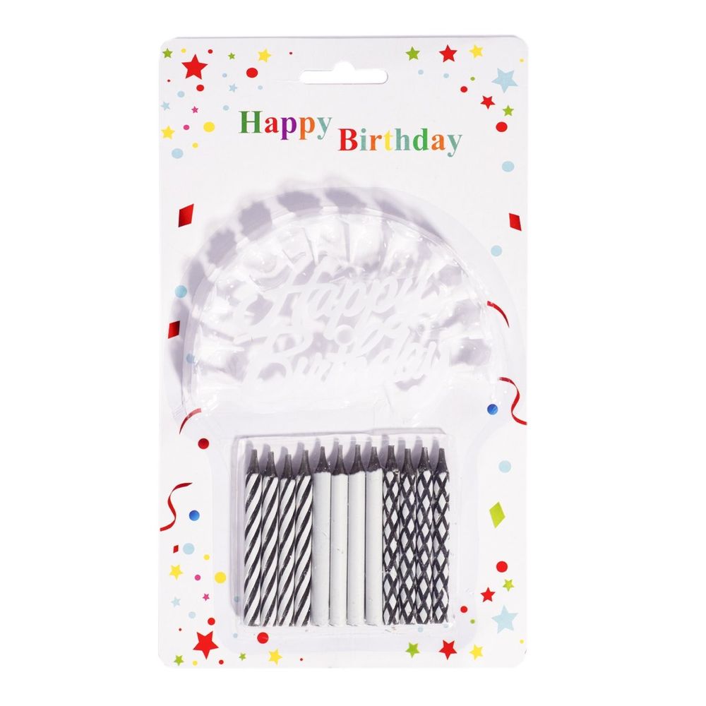 Набор свечей для торта Alingar, 6,5 см, 12 шт., с подставками, "Дуэт", черно-белые, топпер в наборе