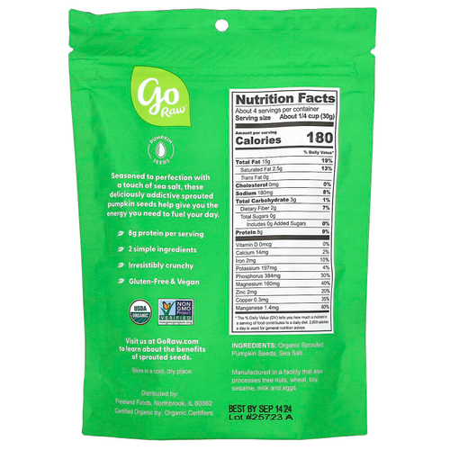 Go Raw, органические пророщенные семена тыквы, морская соль, 113 г (4 унции)