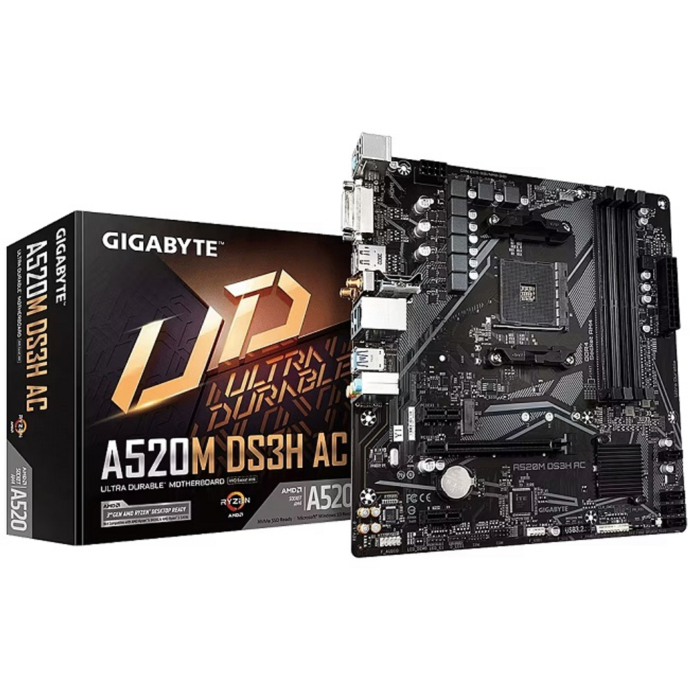 Материнская плата GIGABYTE A520M DS3H AC (AM4/AMD A520/4xDDR4/PCI-Ex16/M.2/SB/Wi-Fi/BTGLAN/DisplayPort/HDMI/DVI-D/mATX)