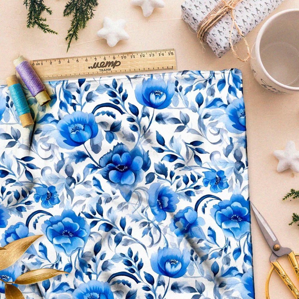 Ткань премиум таффета цветочная фатназия в голубых тонах