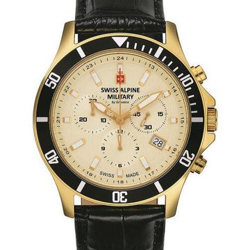 С ремешком Мужские наручные часы с черным кожаным ремешком Swiss Alpine Military 7022.9511 chronograph 42mm 10ATM