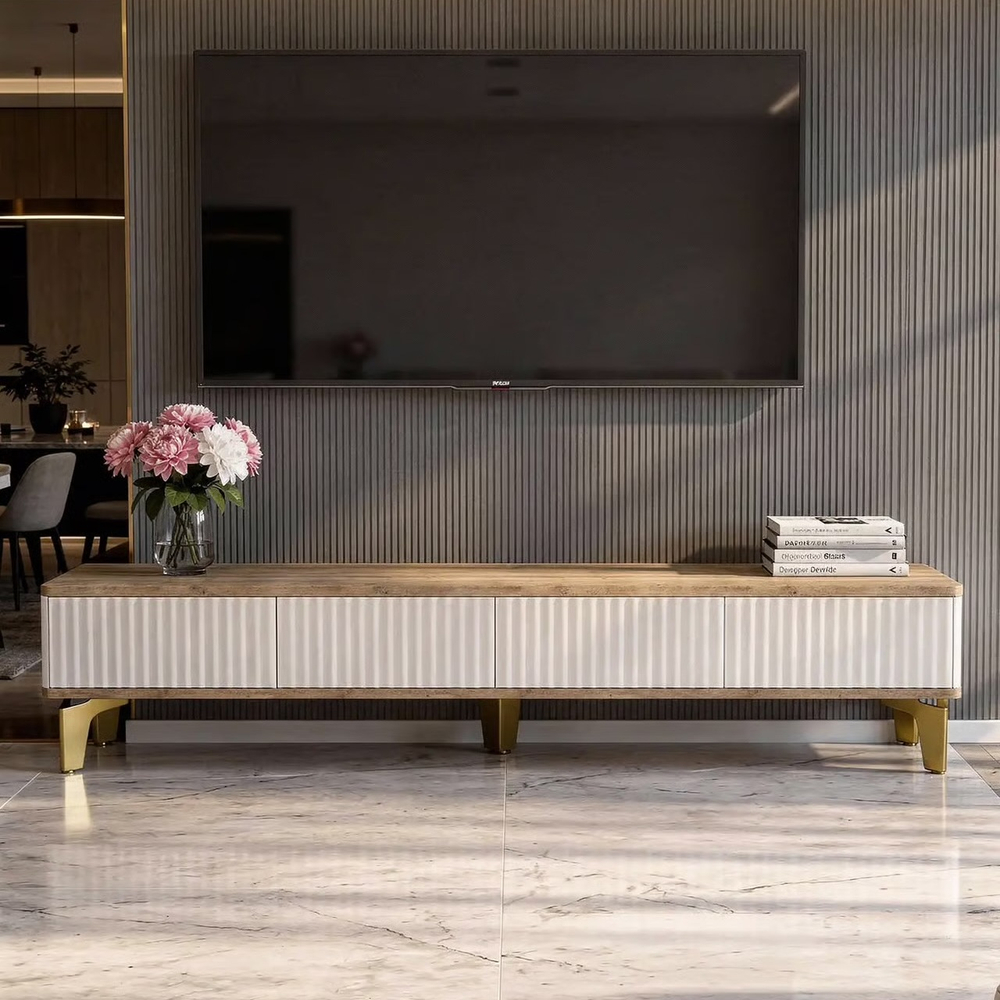 Тумба под телевизор на ножках ROYAL 5027 эко (Дуб Веллингтон-Золото)