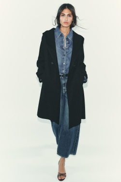 ZARA МЯГКОЕ ПАЛЬТО С КАПЮШОНОМ, ЧЕРНЫЙ