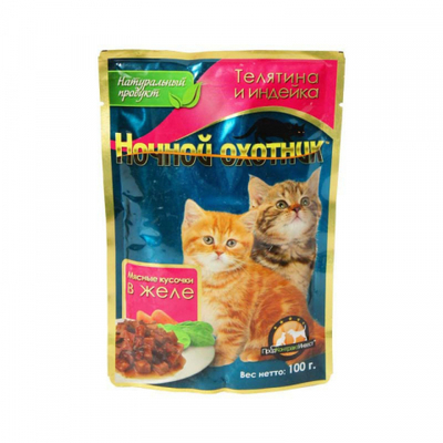 Ночной Охотник для котят Телятина Индейка в ЖЕЛЕ 100гр