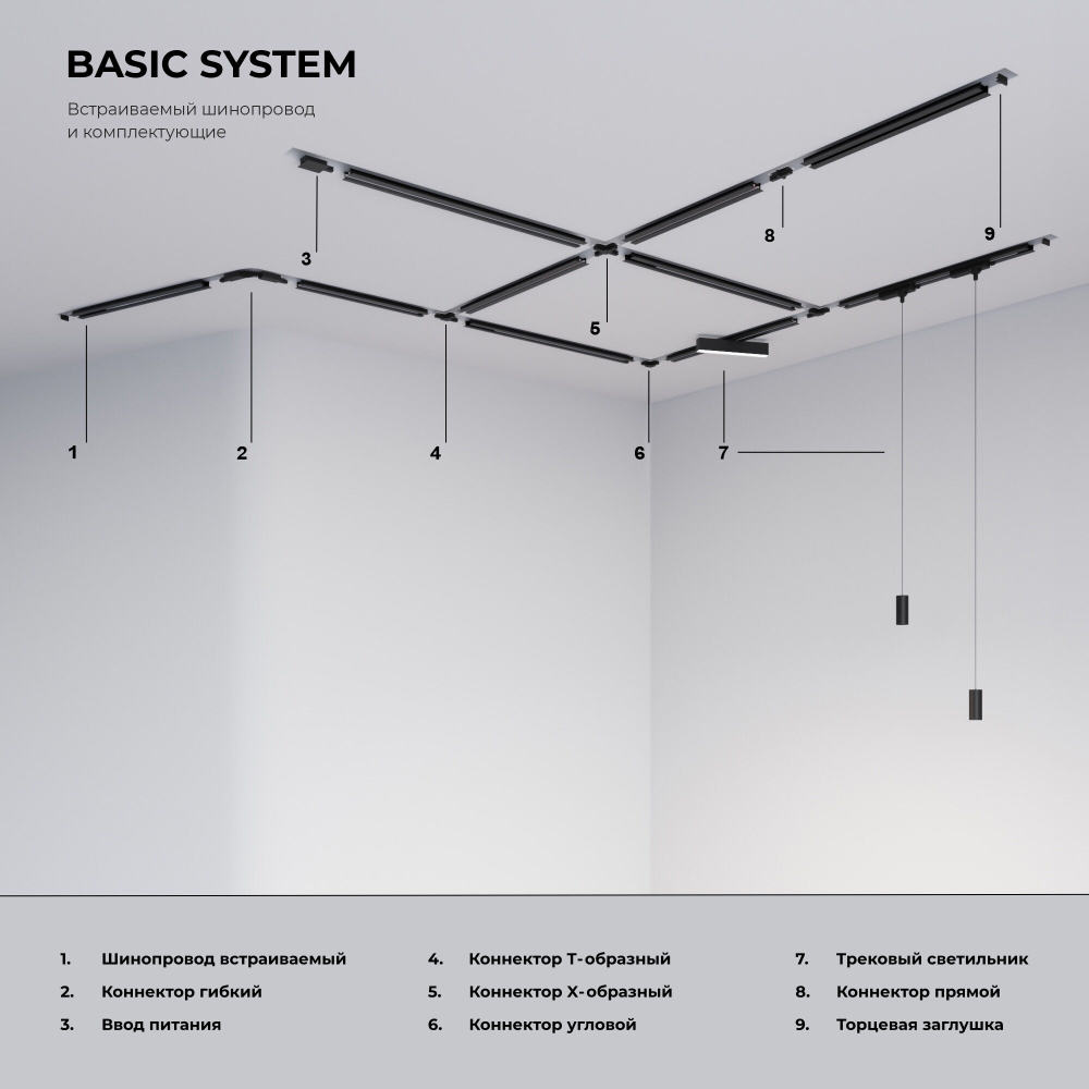 Basic System Встраиваемый шинопровод 2м в комплекте ввод питания и заглушка черный 85083/00