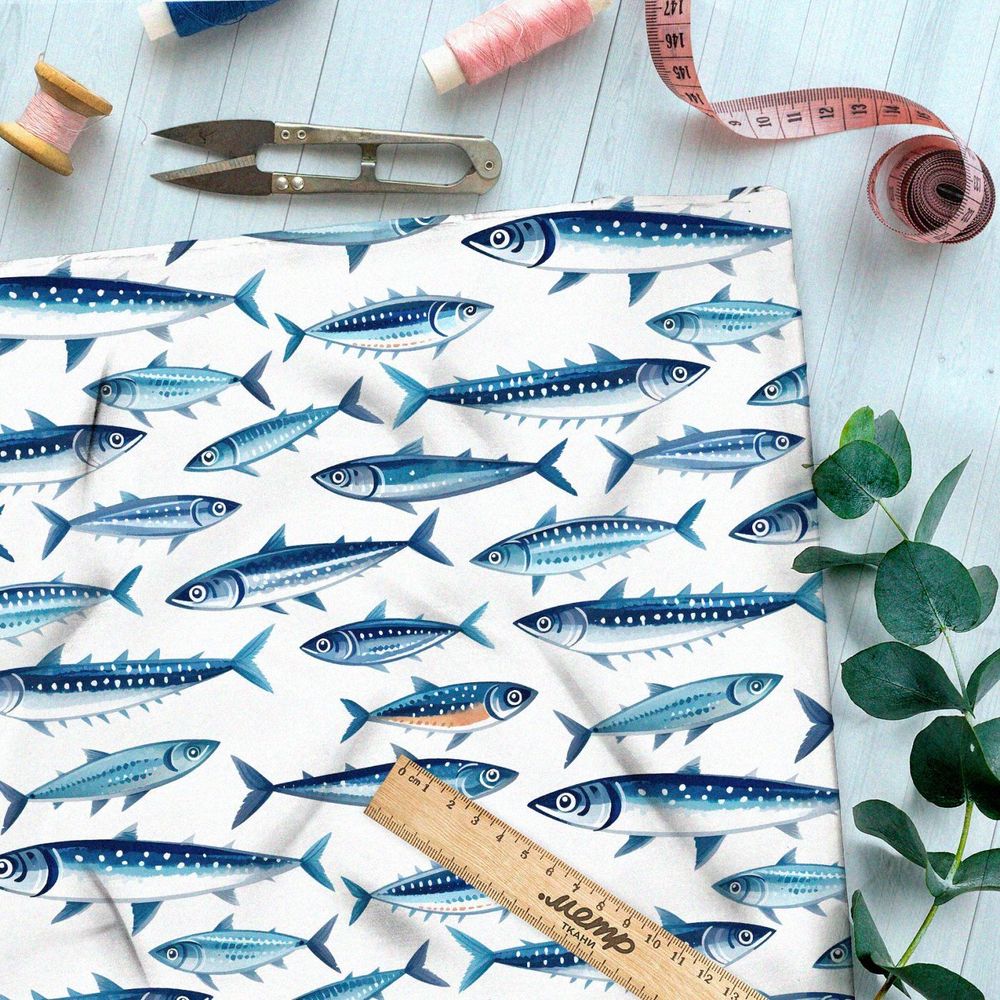 Ткань премиум атлас синие морские рыбы
