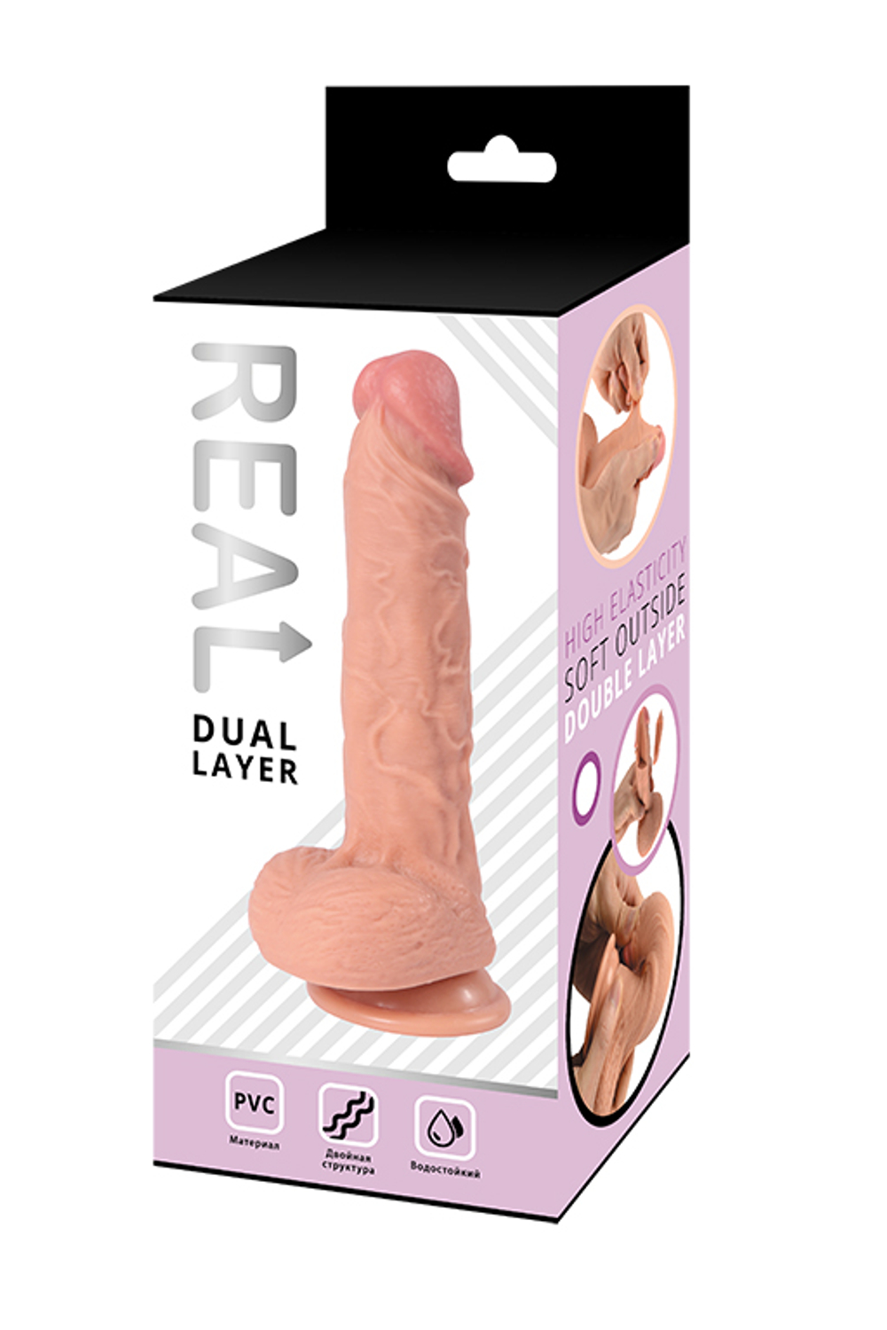 Реалистичный фаллоимитатор REAL Dual Layer с мошонкой на присоске, dual PVC, 17х4 см.