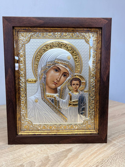 Казанская БМ, икона прямоугольная в рамке под стеклом, красное дерево 232х280