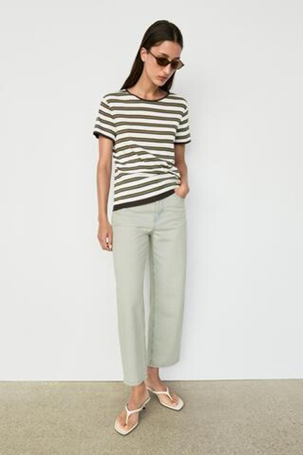 Massimo Dutti Хлопковая футболка в полоску с короткими рукавами, хаки