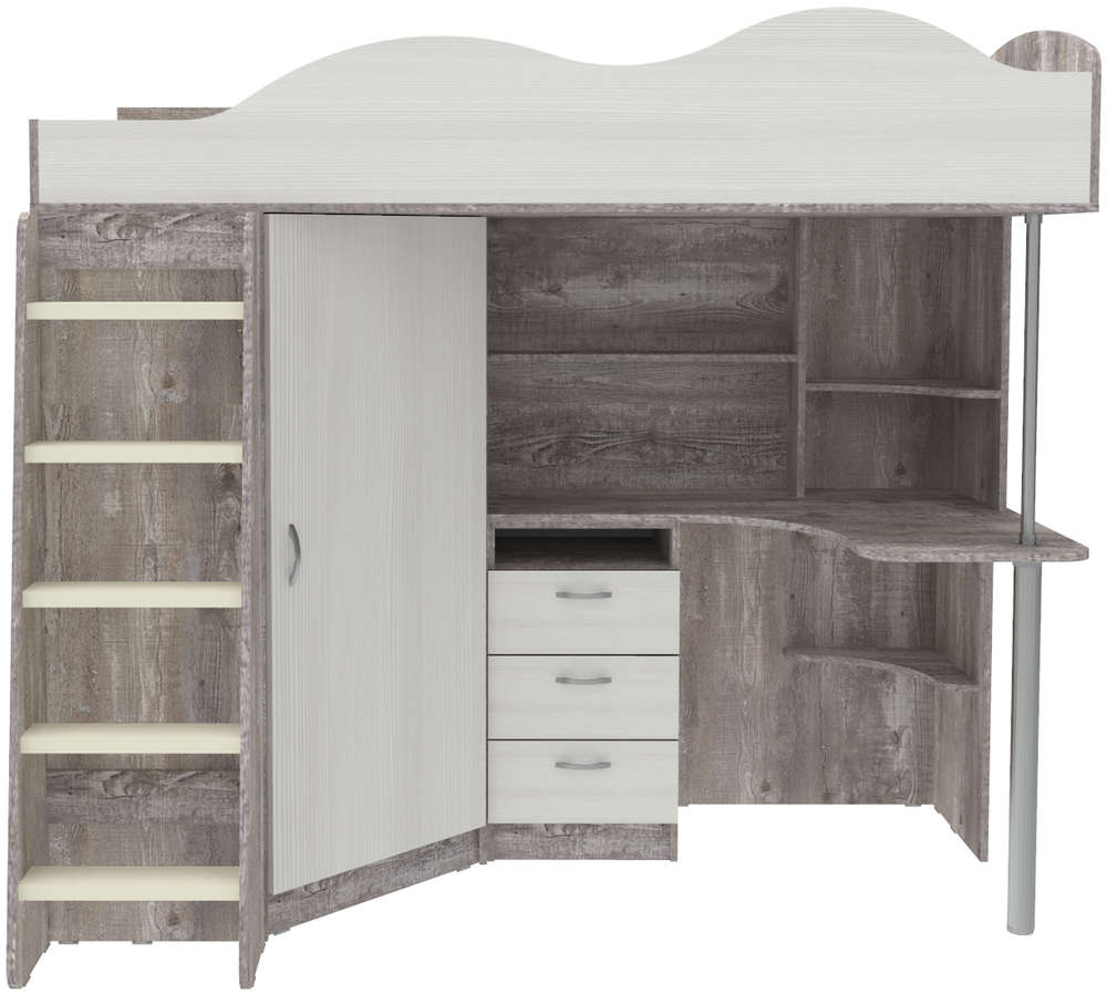 Кровать-чердак КарИВи Пионер с деревянной лестницей Бетон Белое Дерево