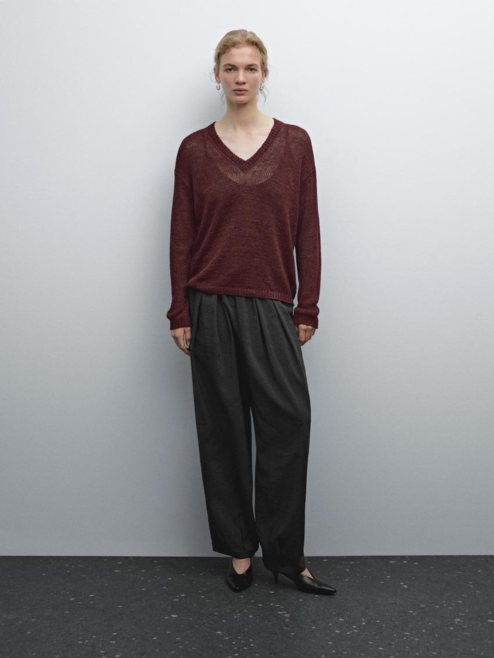 Massimo Dutti Свитер из 100% льна ажурной вязки, терракотовый