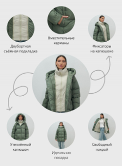Куртка двубортная женская зимняя с капюшоном цвета хаки 7736Kh