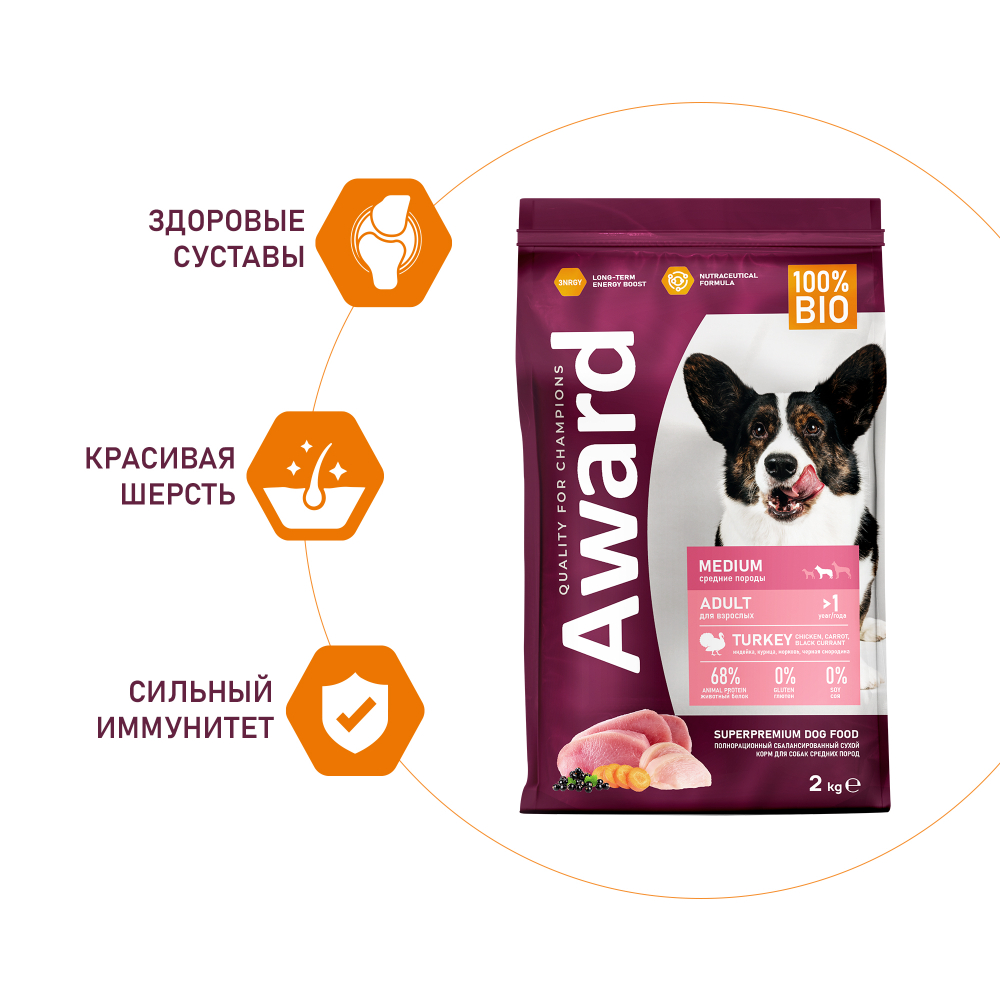 AWARD Сухой корм для взрослых собак средних пород с индейкой и курицей, 2кг