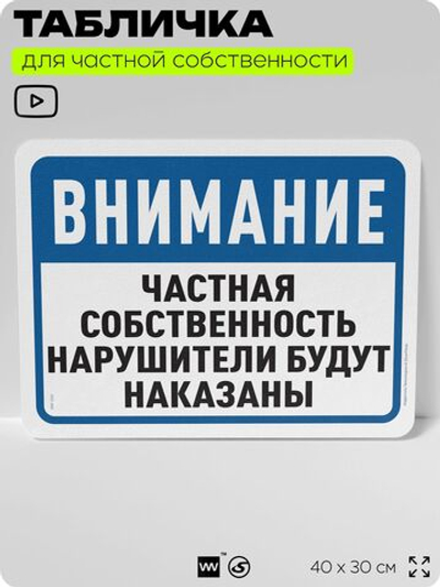 Табличка для частной территории "Частная собственность, нарушители будут наказаны", на дом, для участка, организаций, предупреждающая, 40х30 см, Silver Plane x Айдентика Технолоджи