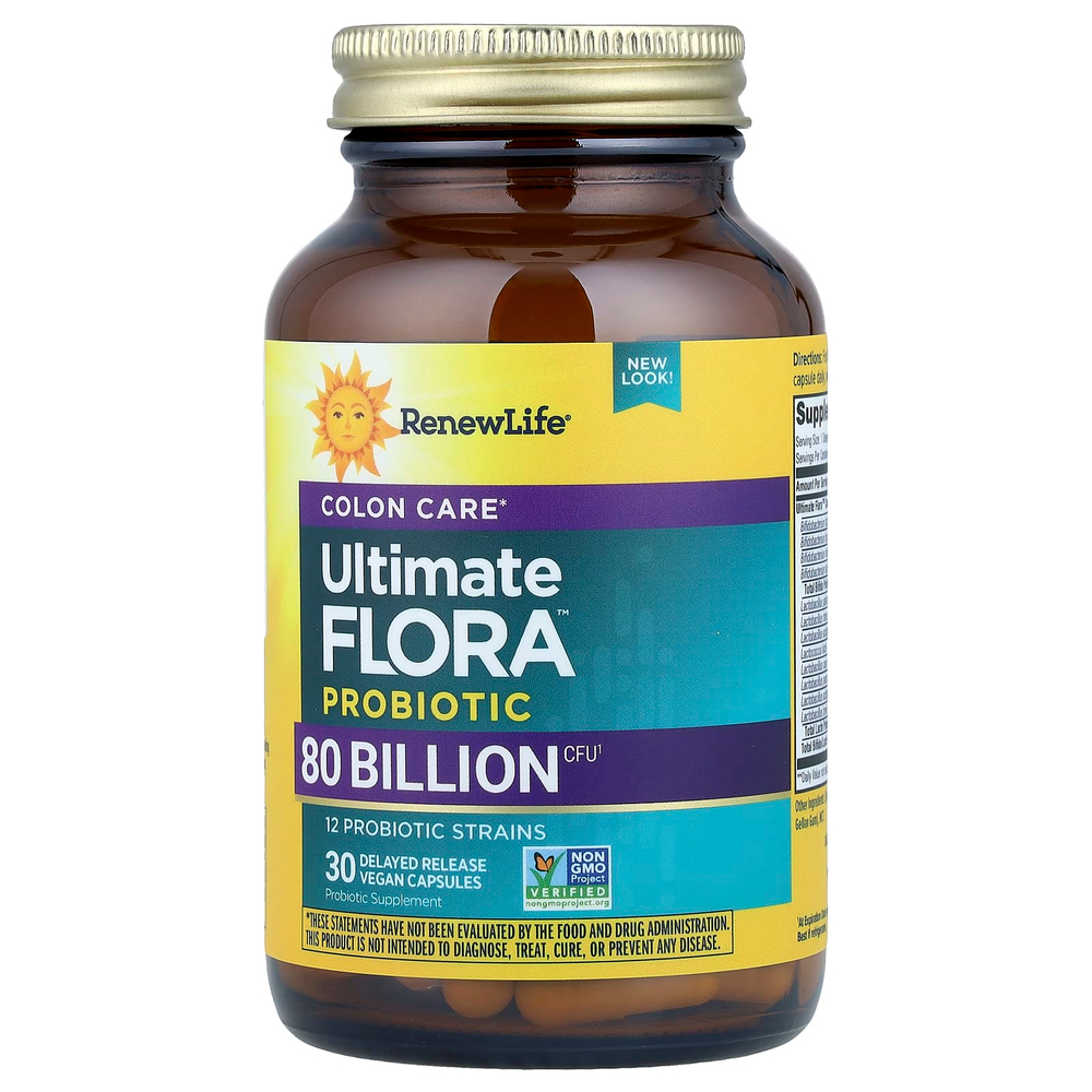Renew Life, Ultimate Flora™, пробиотик для здоровья кишечника, 30 веганских капсул с отсроченным высвобождением