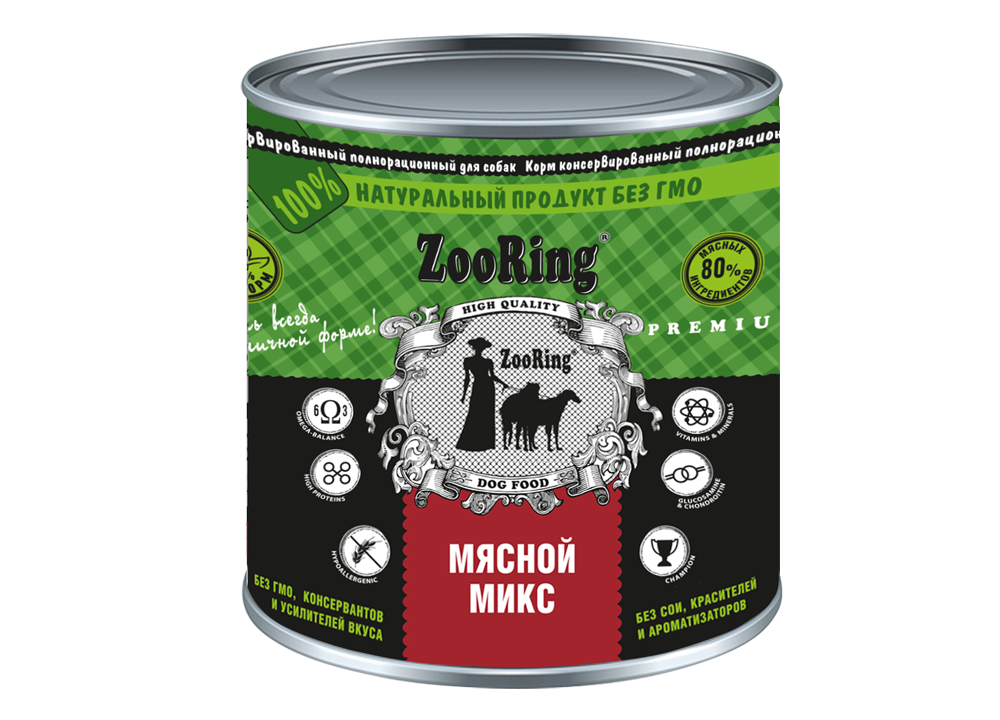 Корм консервированный ZooRing для собак Мясной микс, 850 гр