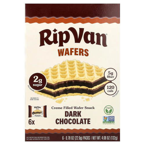 Rip Van Wafels, вафли с кремовой начинкой, темный шоколад, 6 упаковок по 22 г (0,78 унции)
