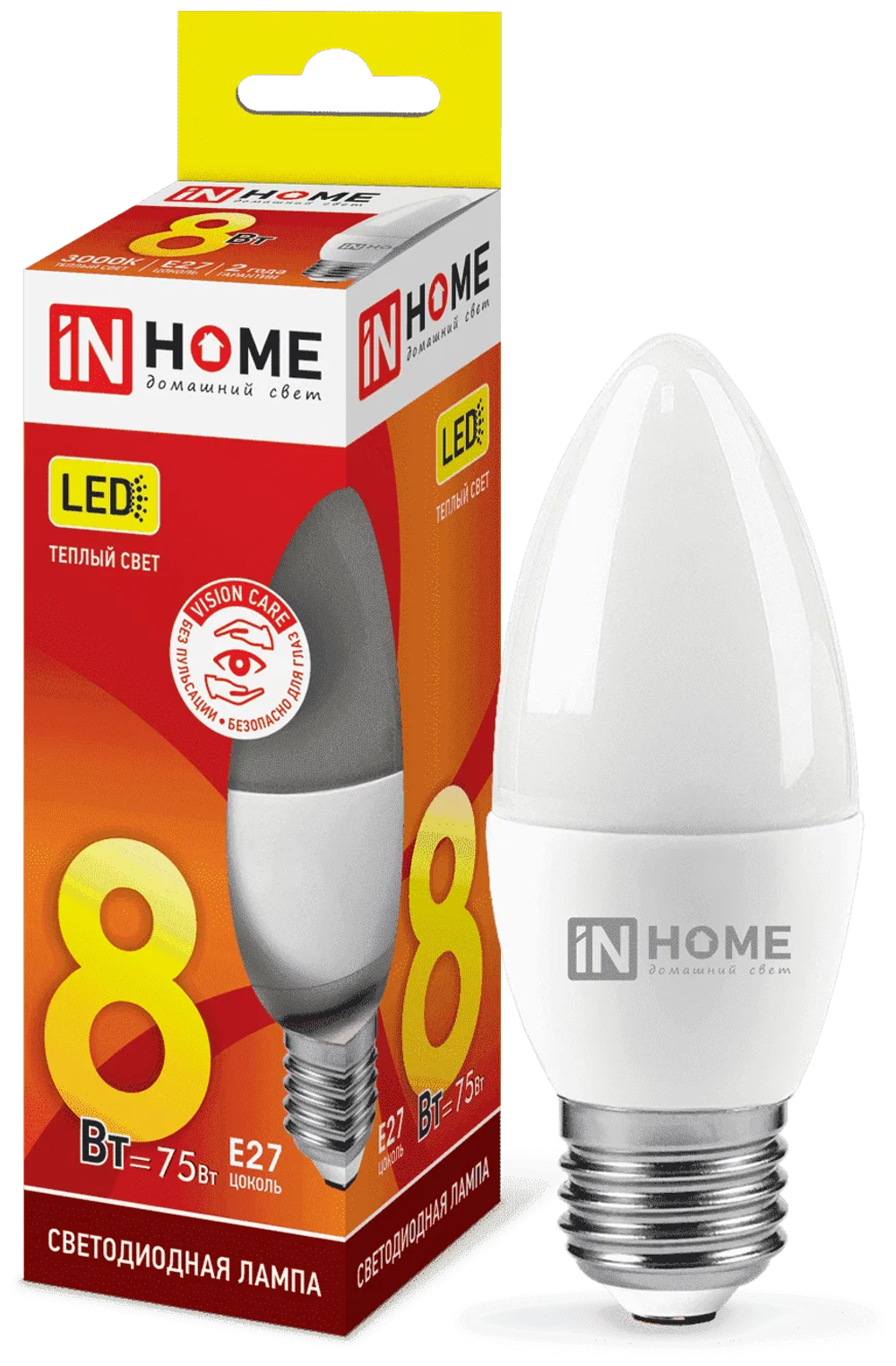Лампа свд 8W 3000К Е27 свеча ASDinHome