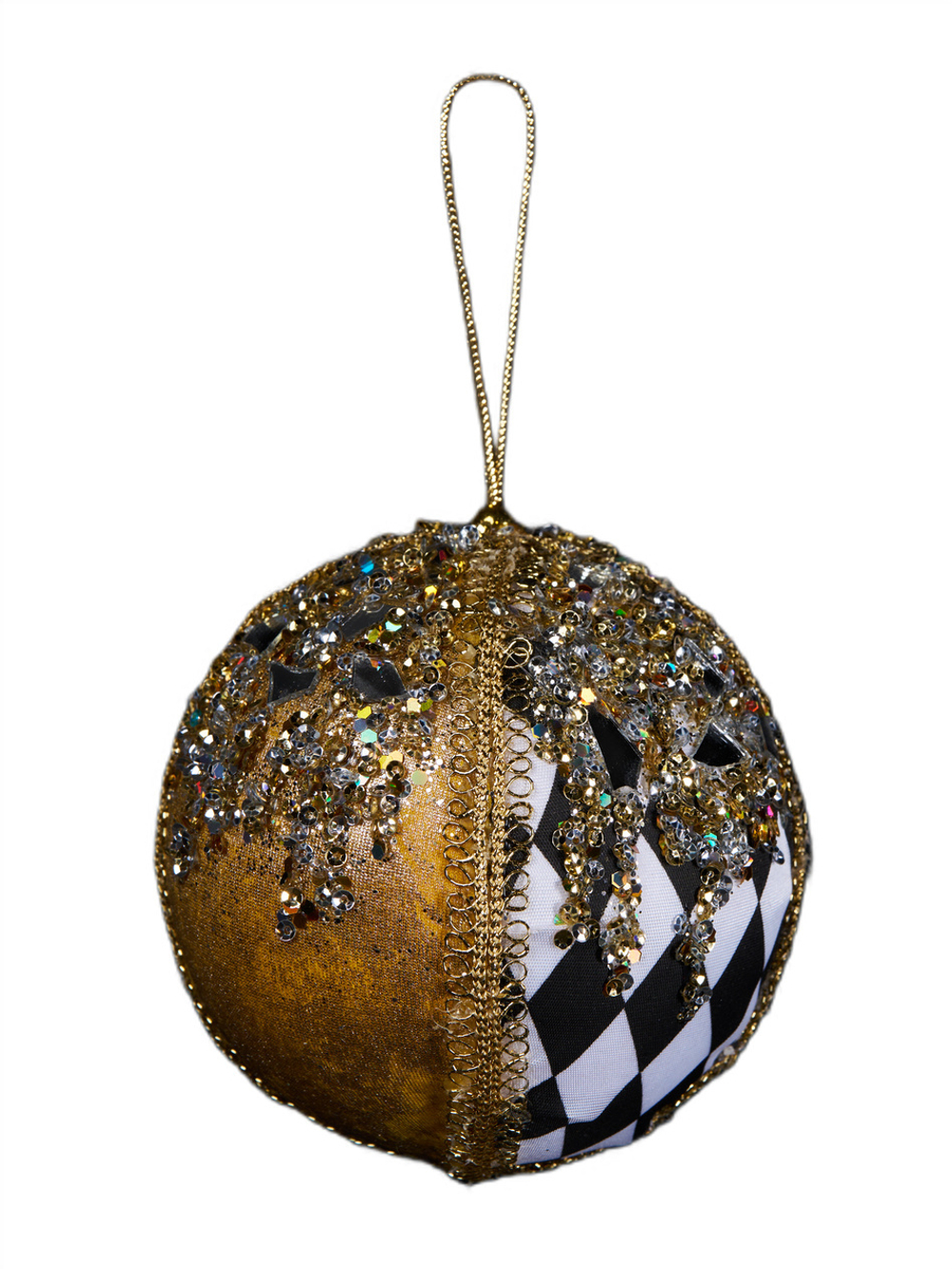 Шар с узором ромб 10х11см ChristmasDeLuxe черный с золотом и белым