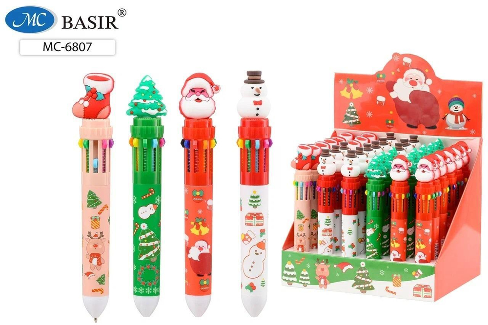 Ручка шариковая автоматическая 10-ти цветная "Новогодние" в ассортименте (Basir)