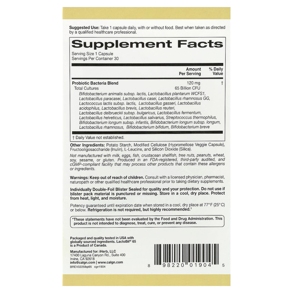 California Gold Nutrition, LactoBif® 65, пробиотики, 30 растительных капсул